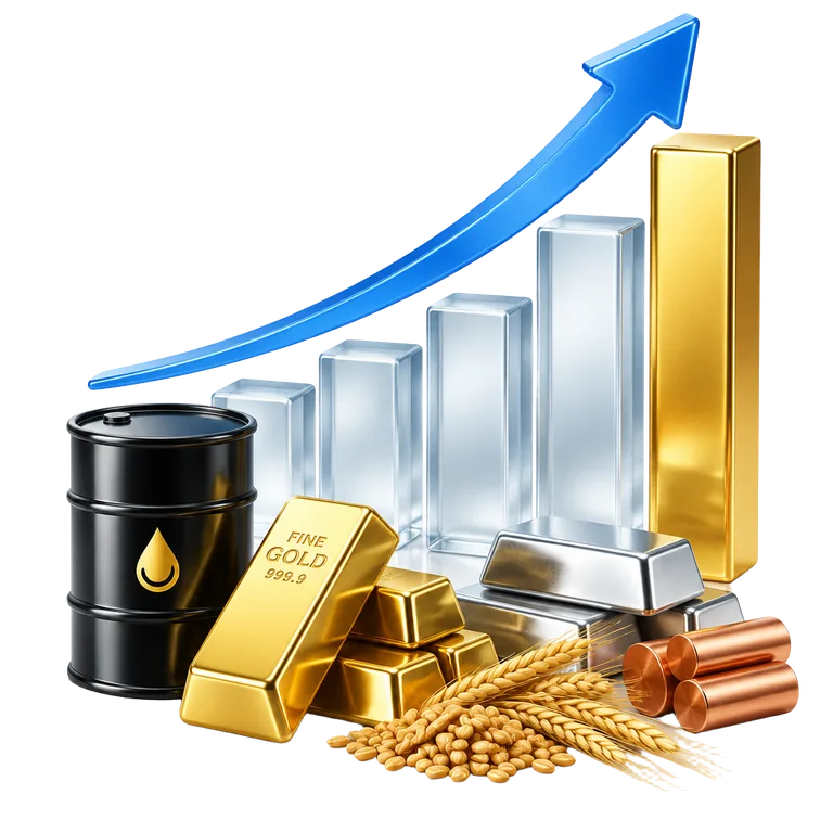 Gold, silver, oil and wheat beside a rising chart